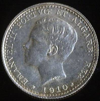 D. MANUEL II - 100 Réis 1910 - Prata - MBC+ 